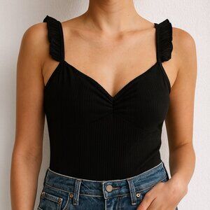 Lost + Wander Anthropologie Black Ribbed Ruffle Shoulder Staps Bodysuit Size S